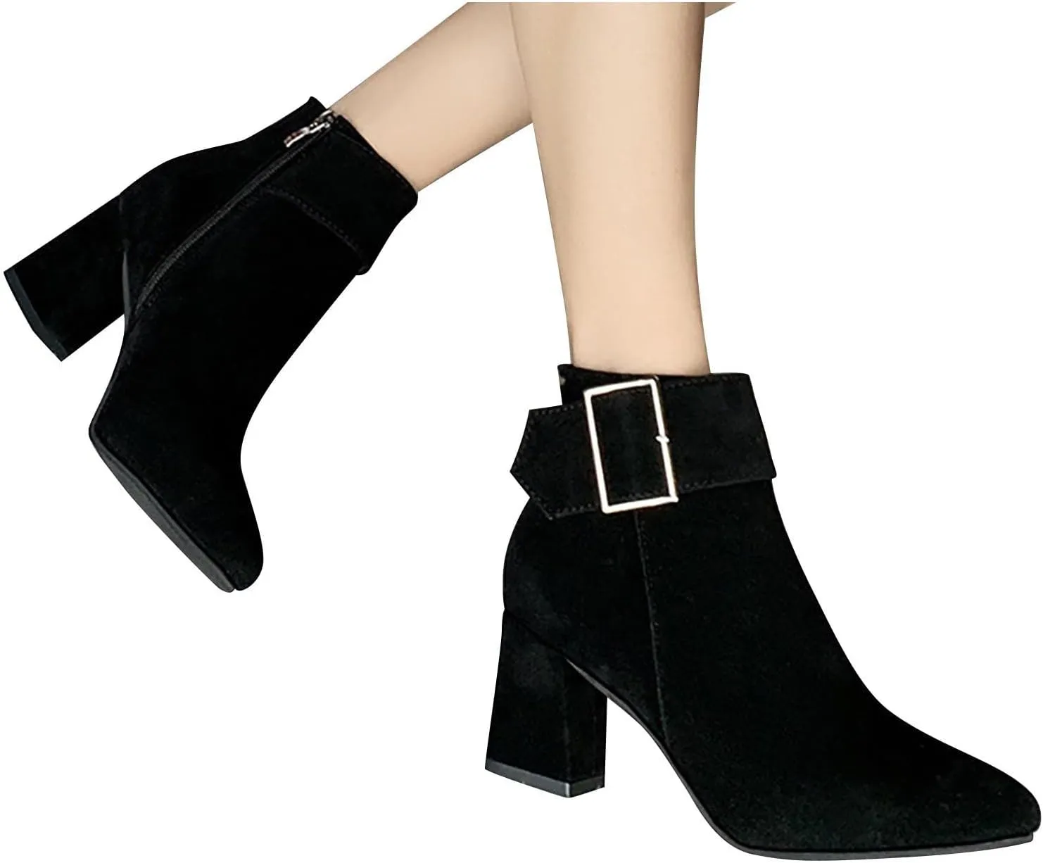 Suede Ankle Boots for Women Chunky Heel Pointed Toe Belt Buckle Side Zipper Block High Heels Booties Fall Winter Dressy Casual Comfy Ladies Shoes