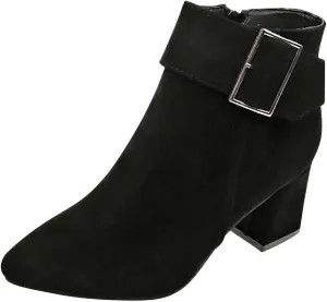 Suede Ankle Boots for Women Chunky Heel Pointed Toe Belt Buckle Side Zipper Block High Heels Booties Fall Winter Dressy Casual Comfy Ladies Shoes