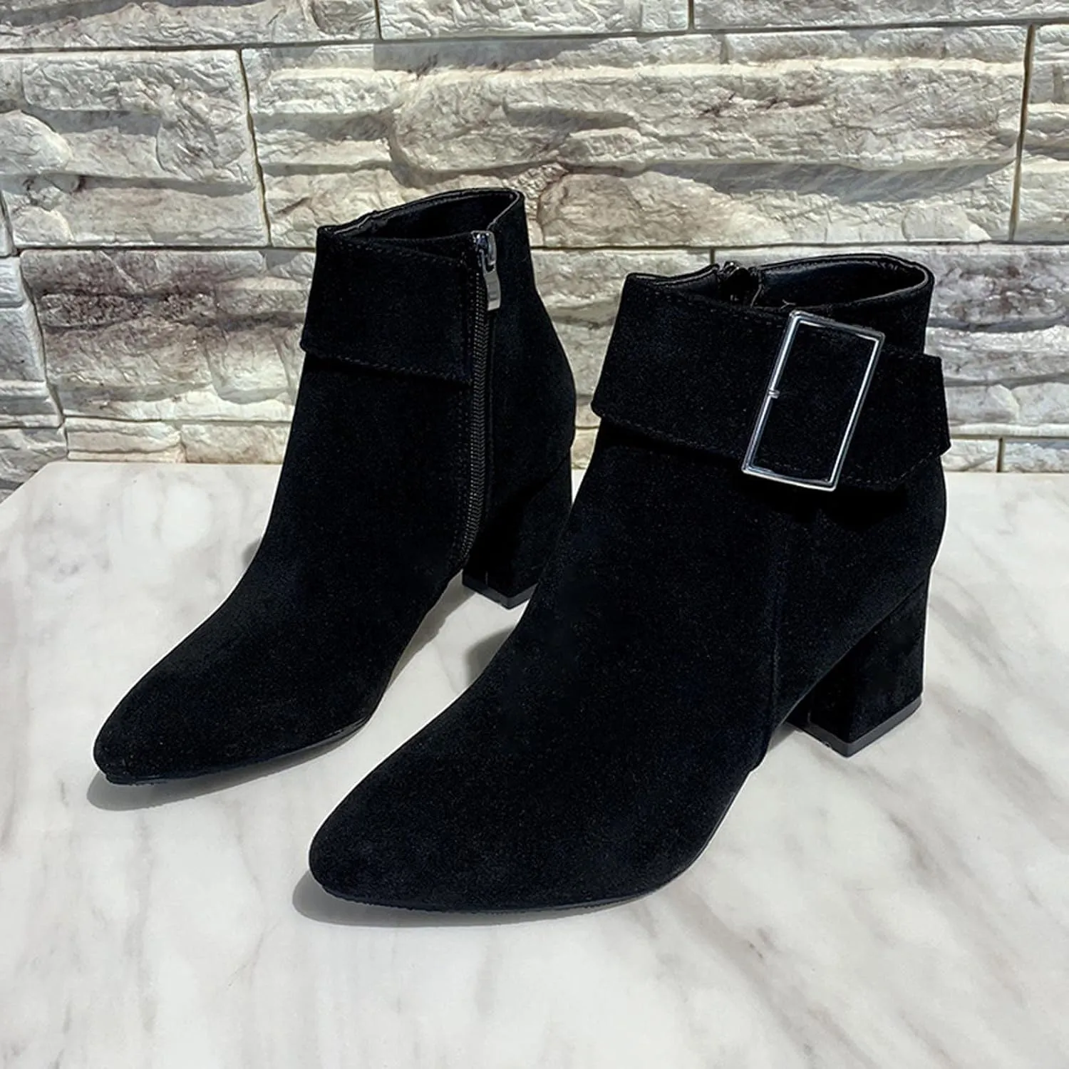 Suede Ankle Boots for Women Chunky Heel Pointed Toe Belt Buckle Side Zipper Block High Heels Booties Fall Winter Dressy Casual Comfy Ladies Shoes