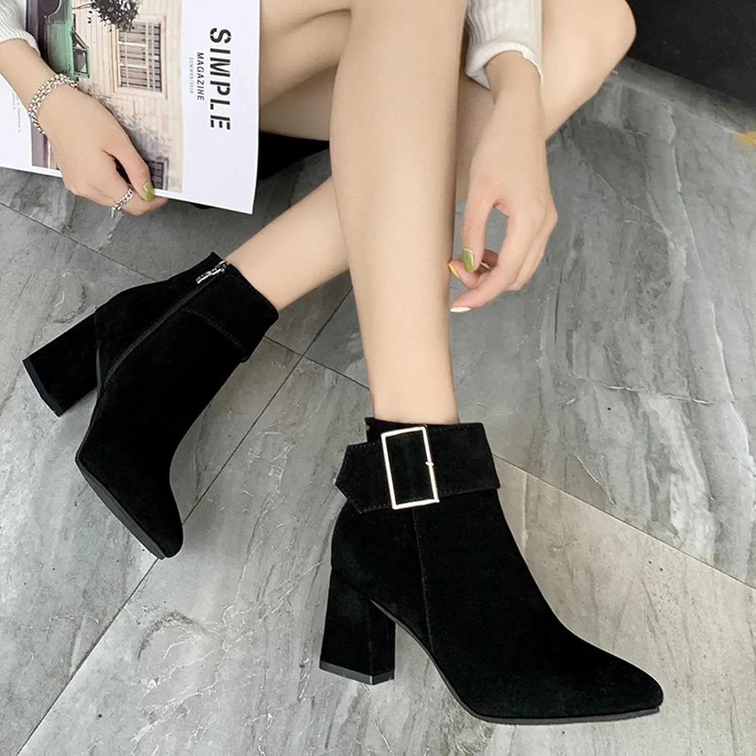 Suede Ankle Boots for Women Chunky Heel Pointed Toe Belt Buckle Side Zipper Block High Heels Booties Fall Winter Dressy Casual Comfy Ladies Shoes