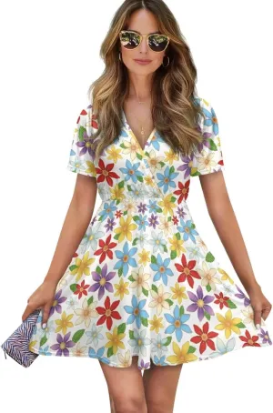 Summer Dresses for Women V-Neck Short Sleeve Flowy Tshirt Dress for Vacation Traveling