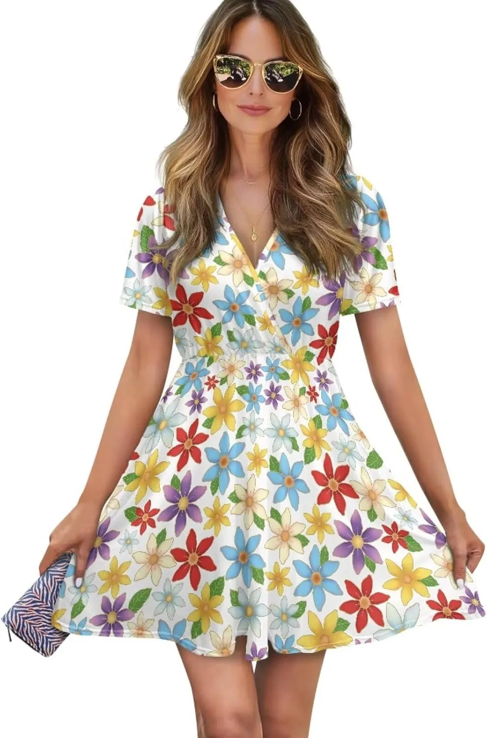 Summer Dresses for Women V-Neck Short Sleeve Flowy Tshirt Dress for Vacation Traveling