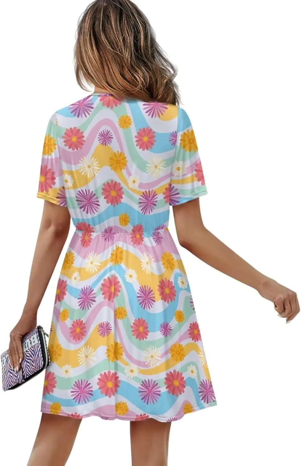 Summer Dresses for Women V-Neck Short Sleeve Flowy Tshirt Dress for Vacation Traveling