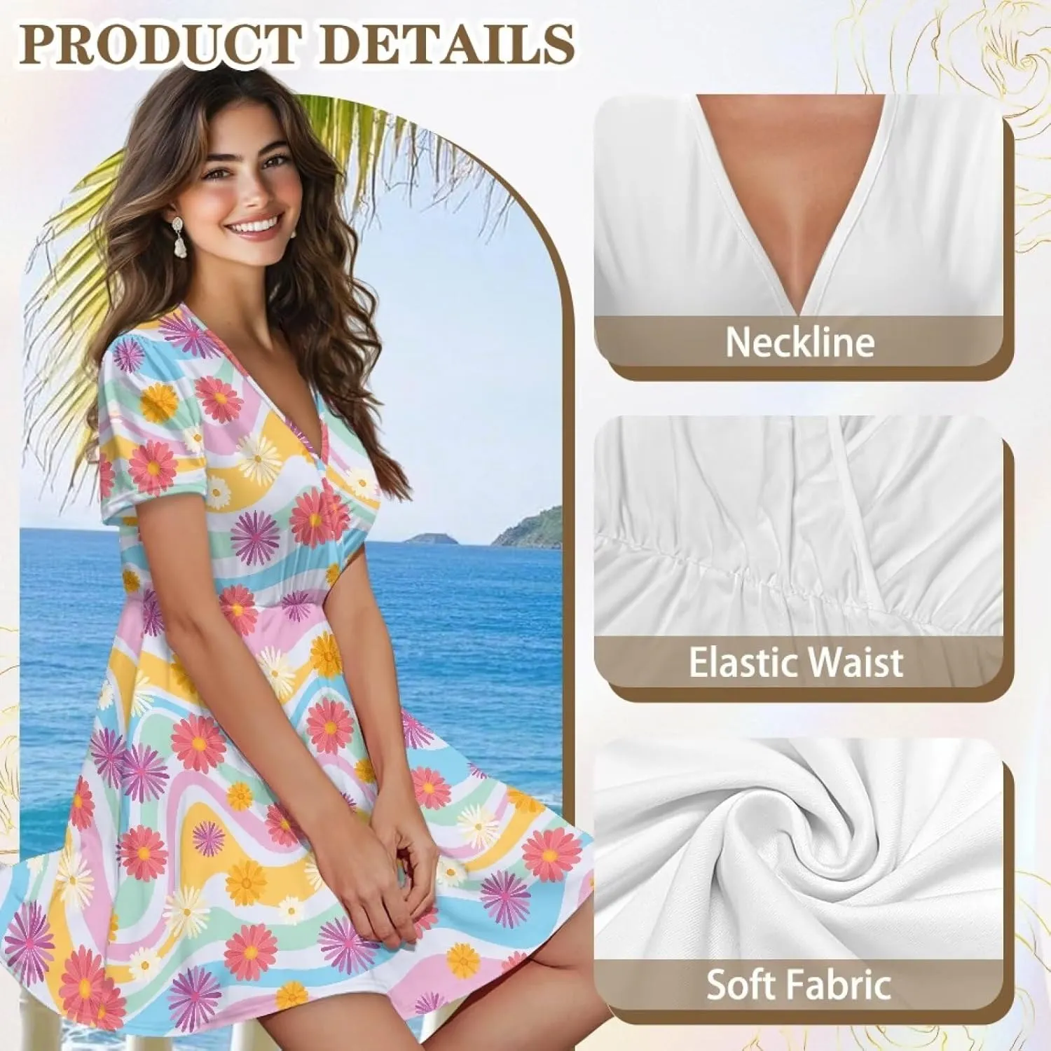 Summer Dresses for Women V-Neck Short Sleeve Flowy Tshirt Dress for Vacation Traveling