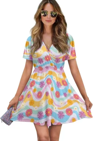 Summer Dresses for Women V-Neck Short Sleeve Flowy Tshirt Dress for Vacation Traveling