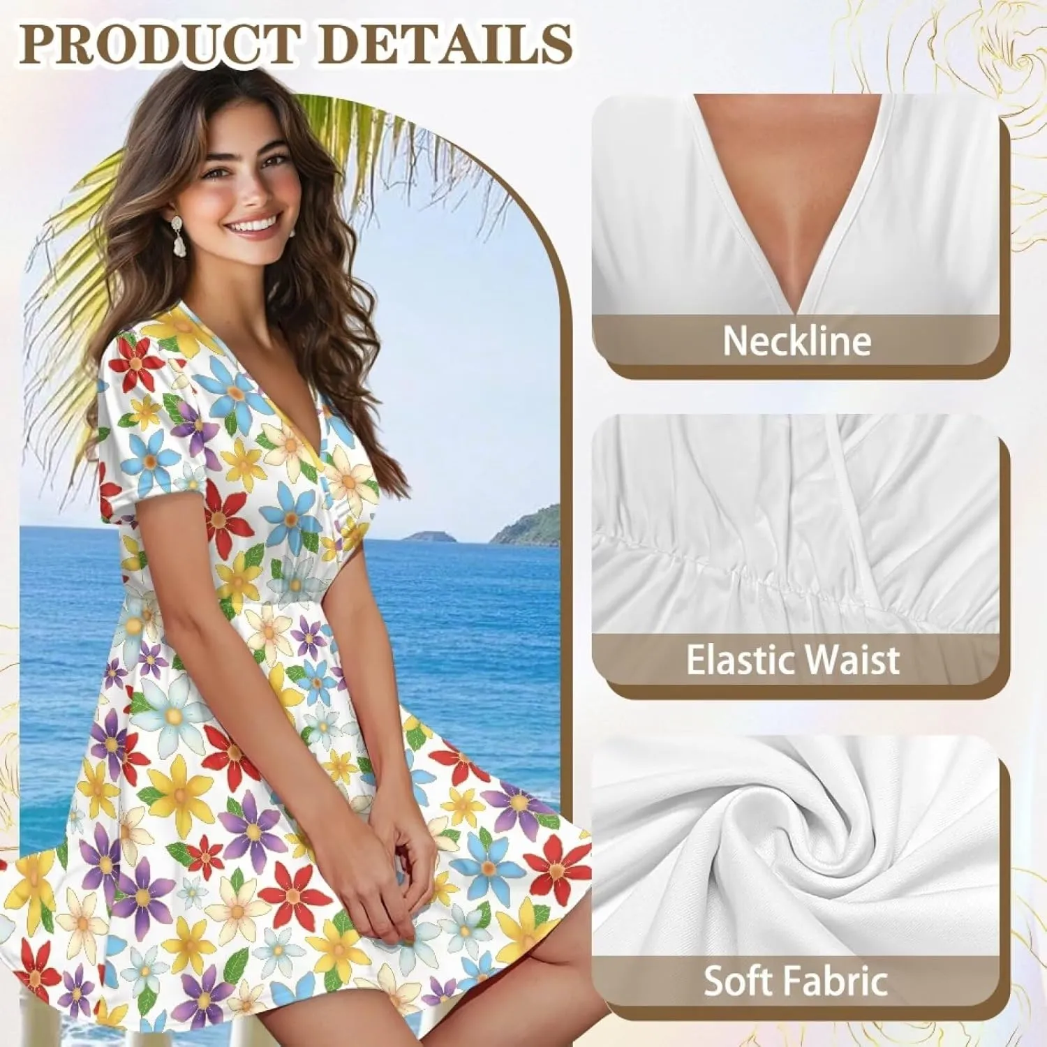 Summer Dresses for Women V-Neck Short Sleeve Flowy Tshirt Dress for Vacation Traveling