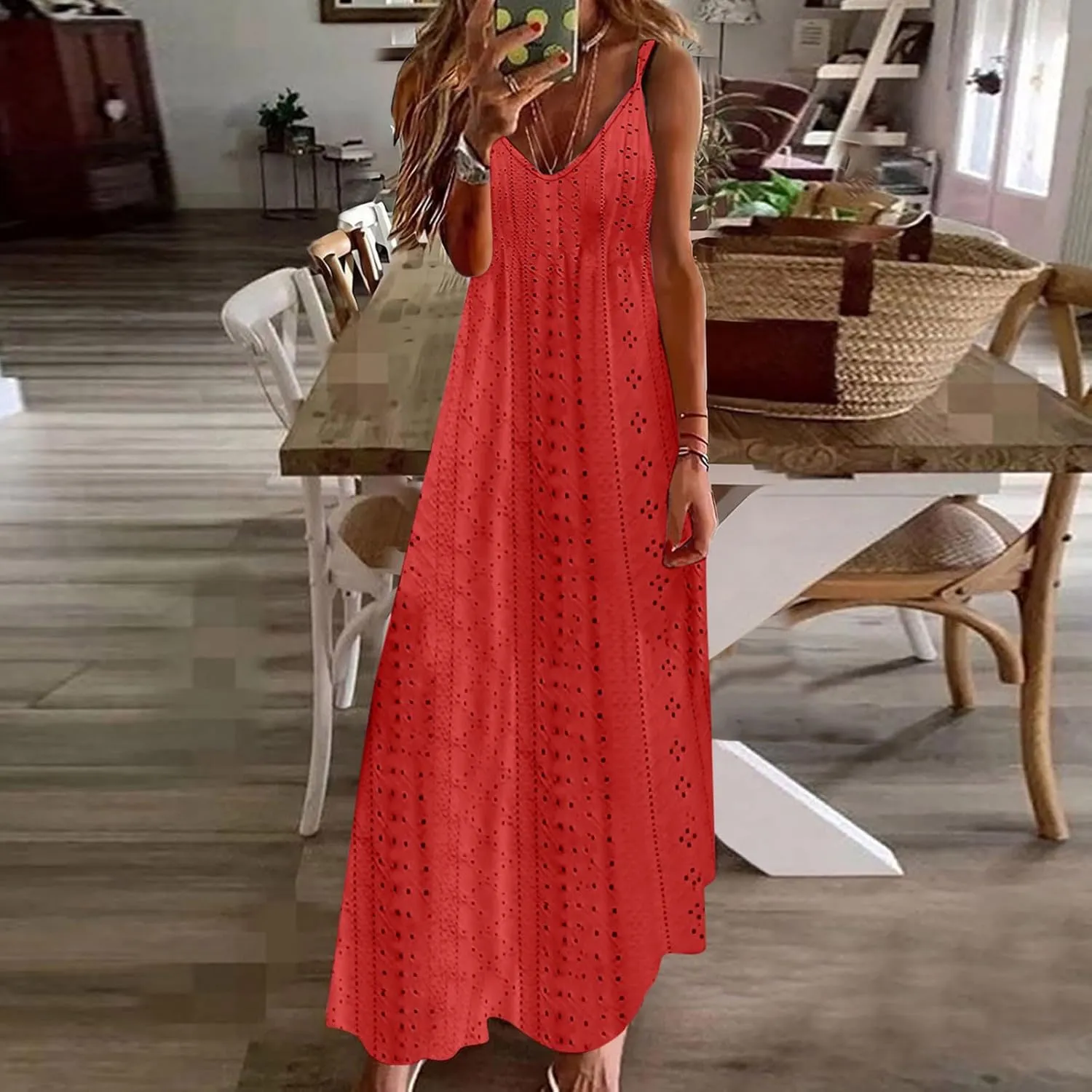 Summer Maxi Dresses for Women 2024 Sexy Lace Eyelet Sleeveless v Neck Long Dress Spaghetti Strap Flowy Beach Sundress