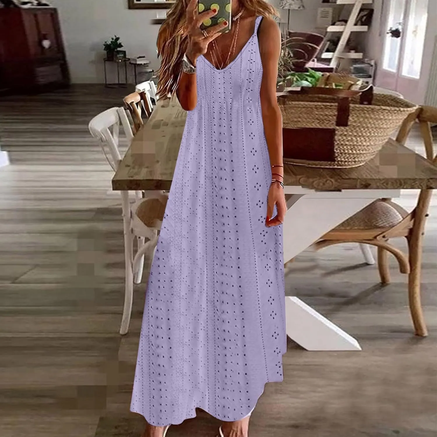 Summer Maxi Dresses for Women 2024 Sexy Lace Eyelet Sleeveless v Neck Long Dress Spaghetti Strap Flowy Beach Sundress