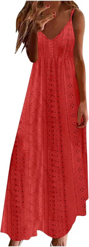 Summer Maxi Dresses for Women 2024 Sexy Lace Eyelet Sleeveless v Neck Long Dress Spaghetti Strap Flowy Beach Sundress