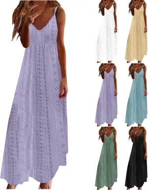 Summer Maxi Dresses for Women 2024 Sexy Lace Eyelet Sleeveless v Neck Long Dress Spaghetti Strap Flowy Beach Sundress