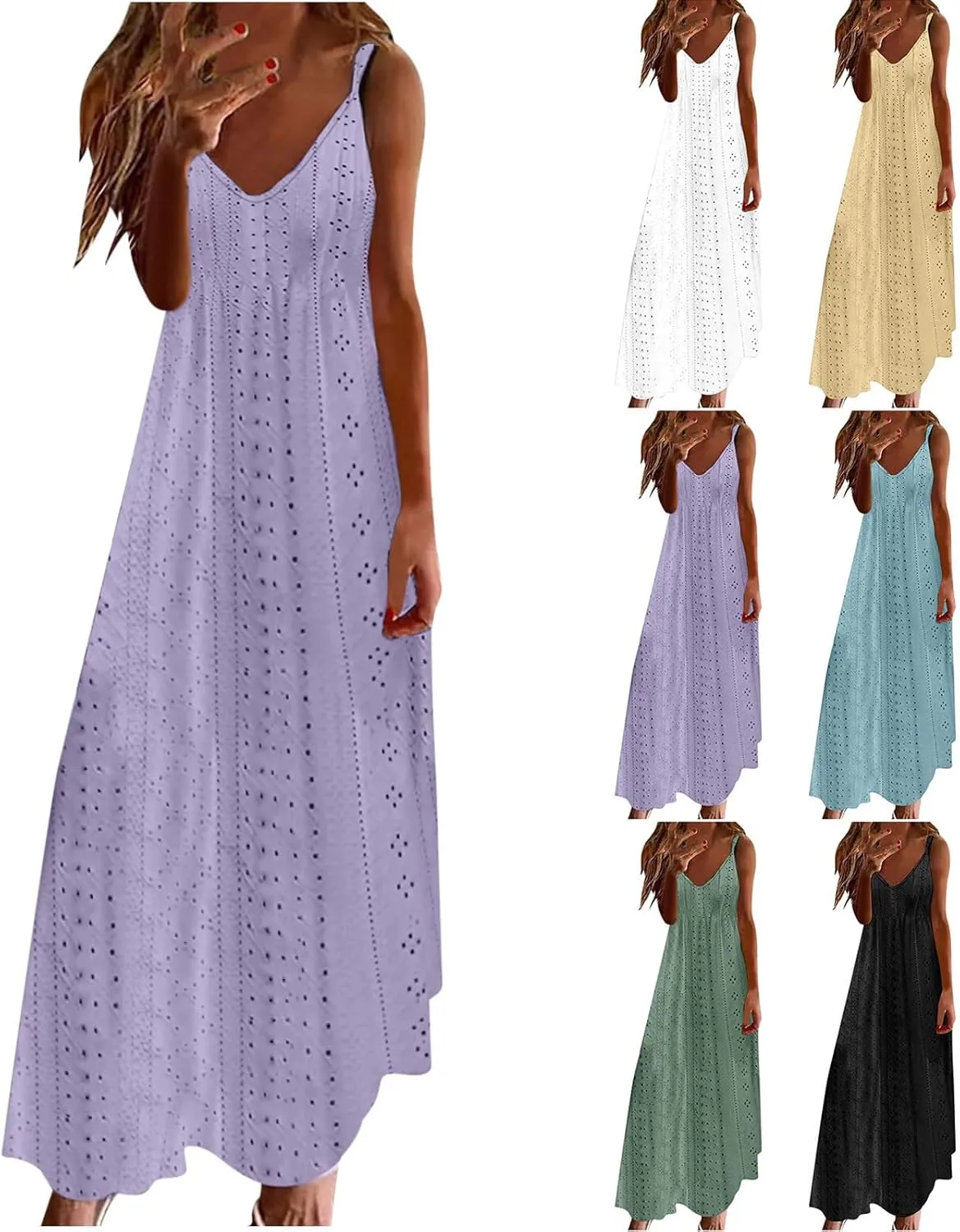 Summer Maxi Dresses for Women 2024 Sexy Lace Eyelet Sleeveless v Neck Long Dress Spaghetti Strap Flowy Beach Sundress