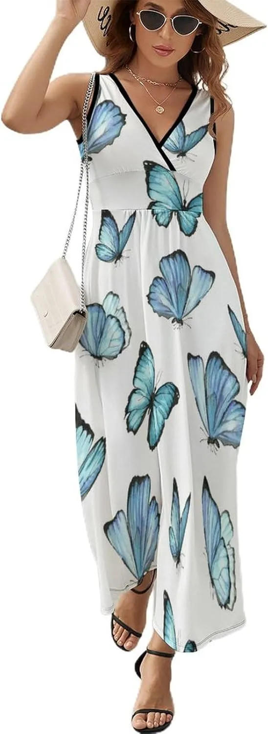 Sundresses for Women Summer Long Dress Sexy V Neck Casual Dress Beach Maxi Dress Flowy Loose Sleeveless Dress