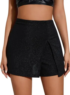 SweatyRocks Women's High Waisted Asymmetrical Wrap Hem Glitter Skorts Skirt with Shorts