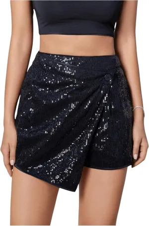 SweatyRocks Women's High Waisted Asymmetrical Wrap Hem Glitter Skorts Skirt with Shorts