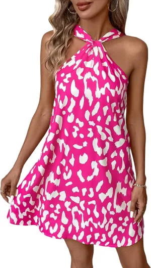 SweatyRocks Women's Sleeveless Twist Front Halter Dress Summer Graphic Print A Line Short Dresses