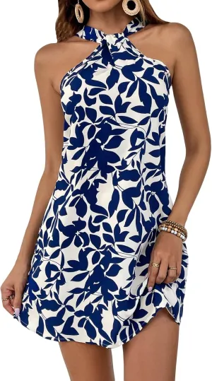 SweatyRocks Women's Sleeveless Twist Front Halter Dress Summer Graphic Print A Line Short Dresses