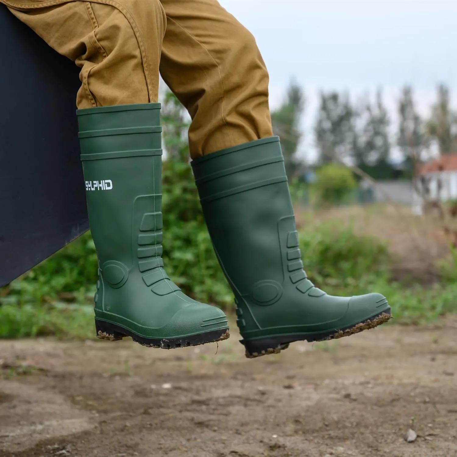 SYLPHID PVC Rubber Work Boots for Men Waterproof Men's Rain Boots with Steel Toe Steel Shank Mens Agriculture Knee Boots for Gardening Yard Work