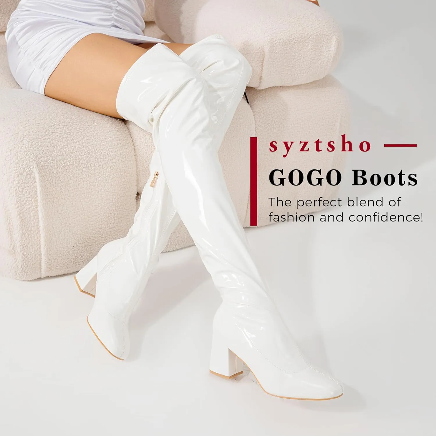 syztsho Thigh High Boots for Women Patent Leather PU Chunky Heel Over The Knee Boots Sexy Square Toe Side Zipper GOGO Boots