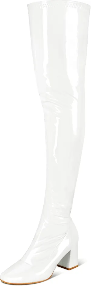 syztsho Thigh High Boots for Women Patent Leather PU Chunky Heel Over The Knee Boots Sexy Square Toe Side Zipper GOGO Boots