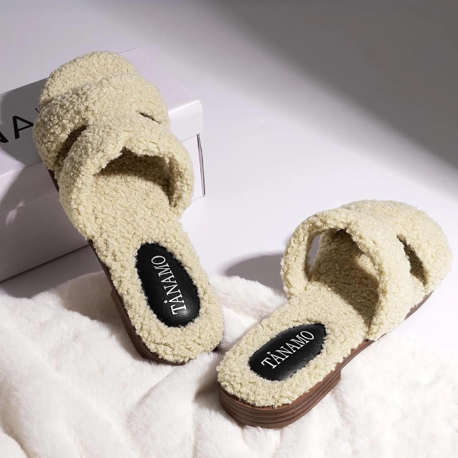 Tanamo Women's Fuzzy Cozy Slippers Slides House Slippers for Women Indoor Outdoor Dressy Flat Sandals Square Open Toe Casual