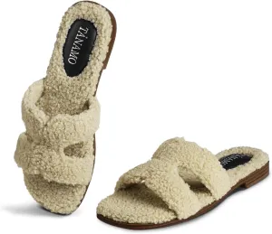 Tanamo Women's Fuzzy Cozy Slippers Slides House Slippers for Women Indoor Outdoor Dressy Flat Sandals Square Open Toe Casual