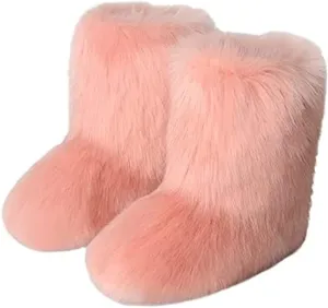 TangDao Faux Fur Colorful Boots for Women Fuzzy Fluffy Furry Round Toe Suede Winter Comfortable Plush Warm Short Snow Bootie Flat Shoes Mid-Calf Boots Outdoor Indoor