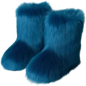 TangDao Faux Fur Colorful Boots for Women Fuzzy Fluffy Furry Round Toe Suede Winter Comfortable Plush Warm Short Snow Bootie Flat Shoes Mid-Calf Boots Outdoor Indoor
