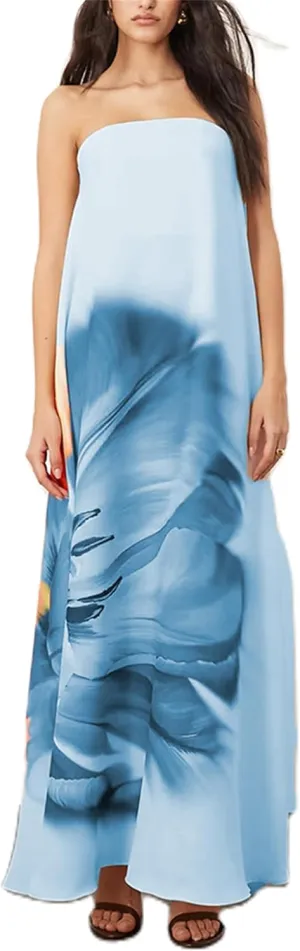 Thopavenoir Women's Strapless Floral Print Maxi Dress Chiffon Layered Tiered Tube Dresses Boho Baggy Swing Beach Sundresses