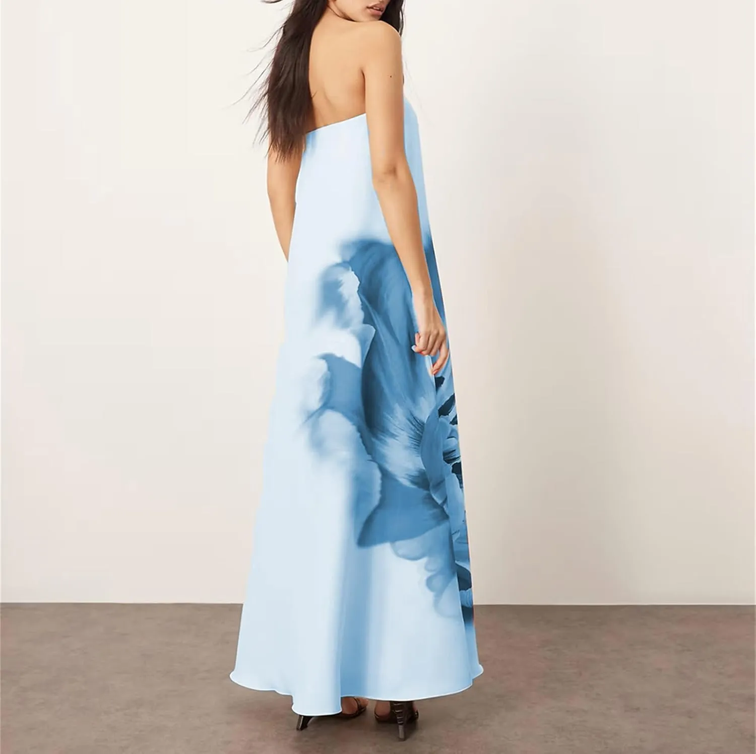 Thopavenoir Women's Strapless Floral Print Maxi Dress Chiffon Layered Tiered Tube Dresses Boho Baggy Swing Beach Sundresses