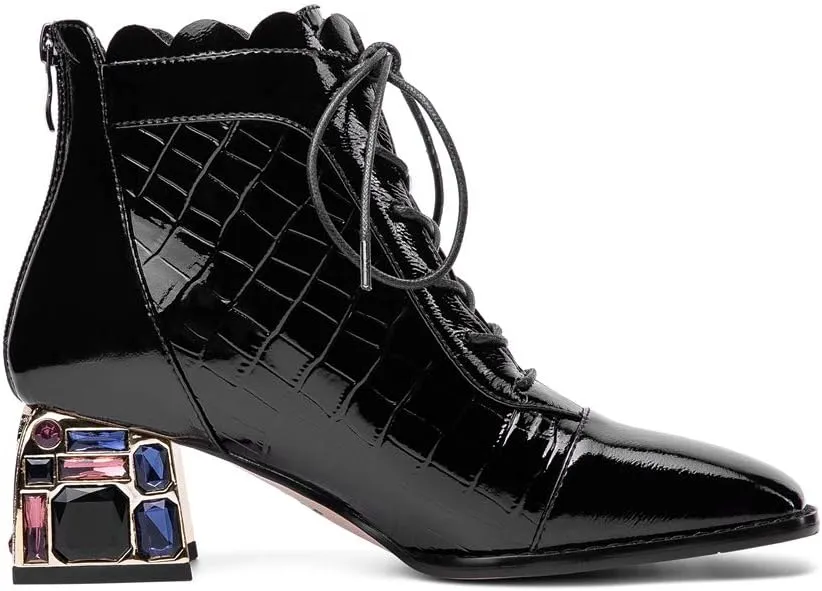 TinaCus Women's Glossy Patent Leather Handmade Colorful Crystal Mid Chunky Heel Round Toe Back Zipper Ankle Boots with Selftie