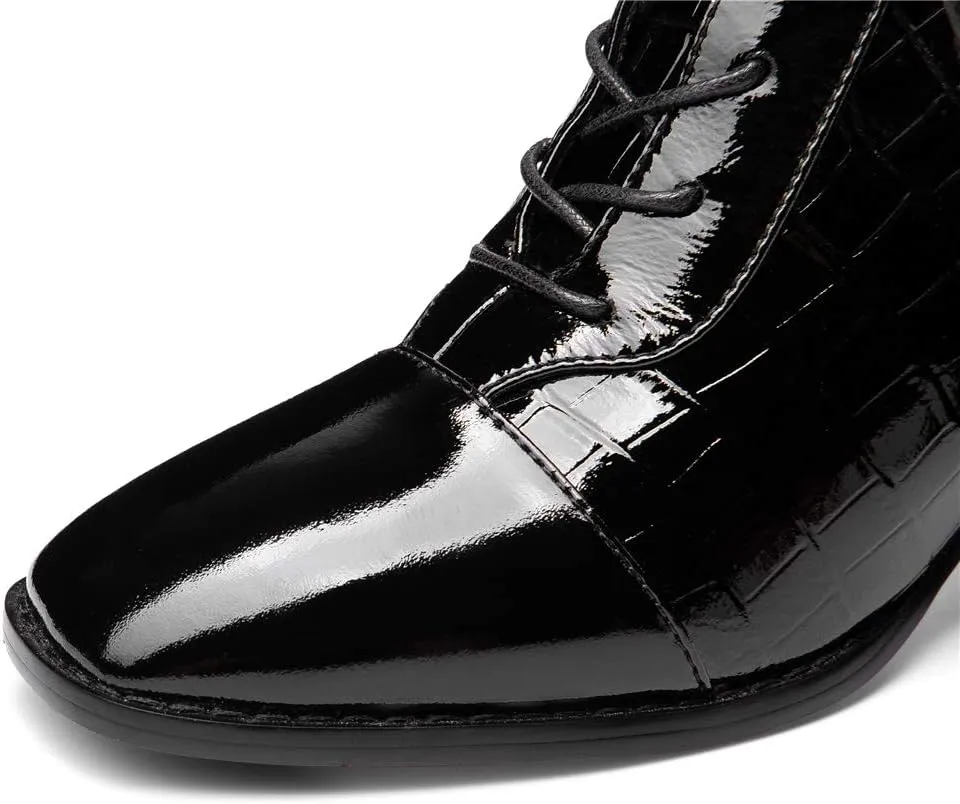 TinaCus Women's Glossy Patent Leather Handmade Colorful Crystal Mid Chunky Heel Round Toe Back Zipper Ankle Boots with Selftie