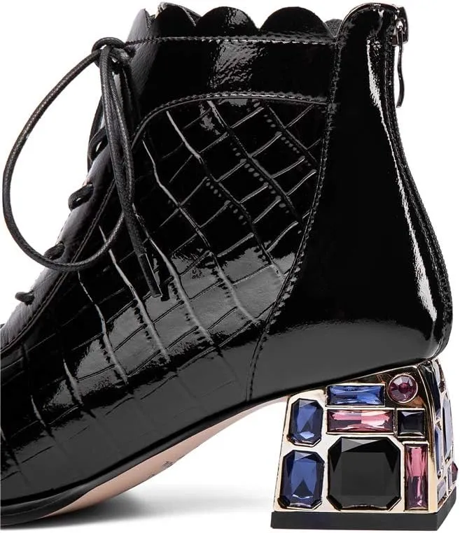 TinaCus Women's Glossy Patent Leather Handmade Colorful Crystal Mid Chunky Heel Round Toe Back Zipper Ankle Boots with Selftie