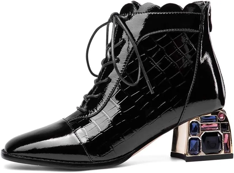 TinaCus Women's Glossy Patent Leather Handmade Colorful Crystal Mid Chunky Heel Round Toe Back Zipper Ankle Boots with Selftie