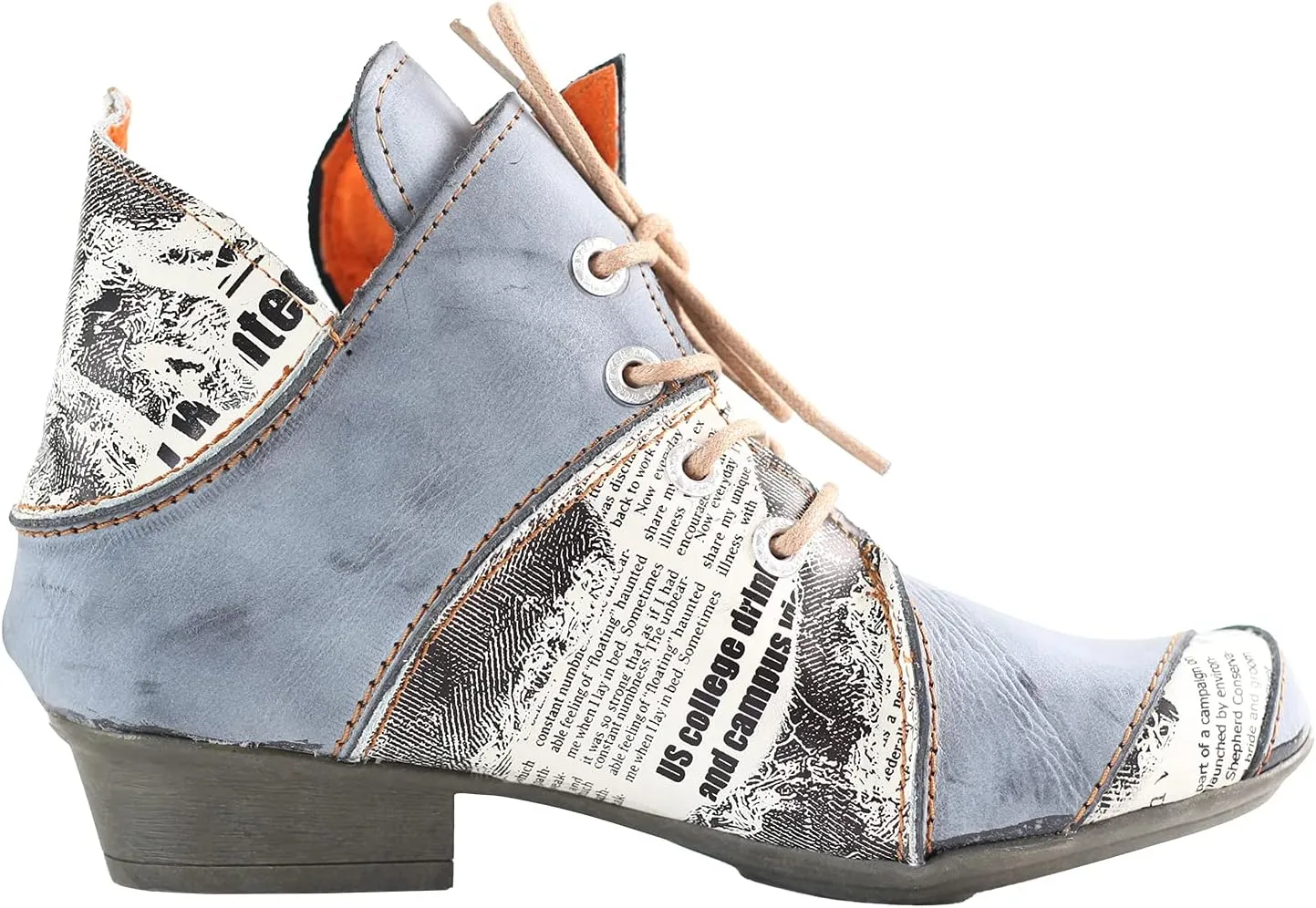 TMA EYES Lace Up Newspaper Print Leather Women's Ankle Boots