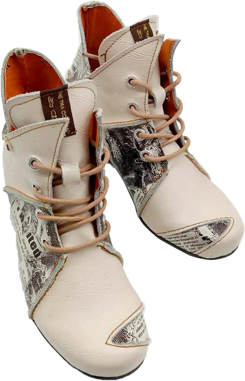 TMA EYES Lace Up Newspaper Print Leather Women's Ankle Boots