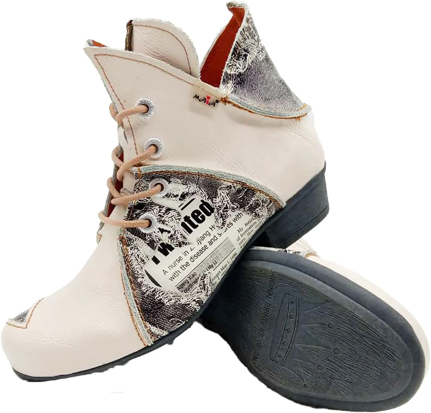 TMA EYES Lace Up Newspaper Print Leather Women's Ankle Boots
