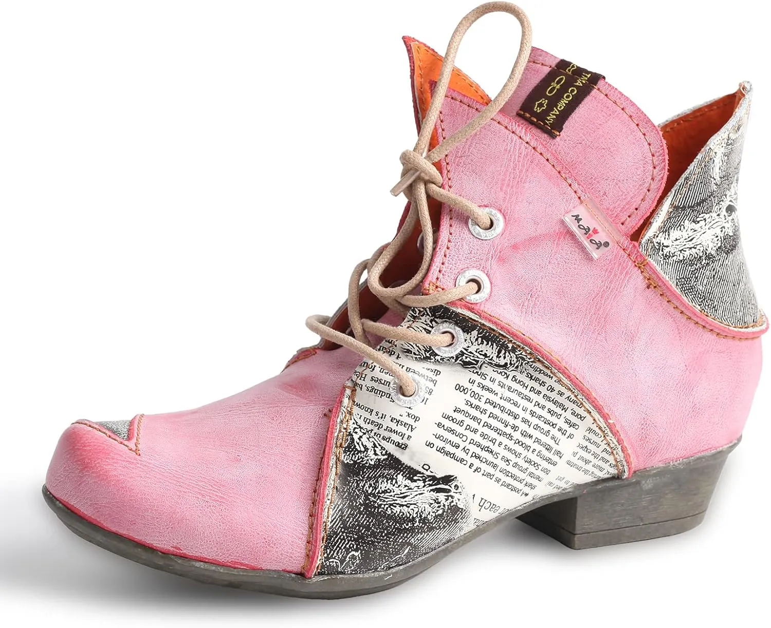 TMA EYES Lace Up Newspaper Print Leather Women's Ankle Boots