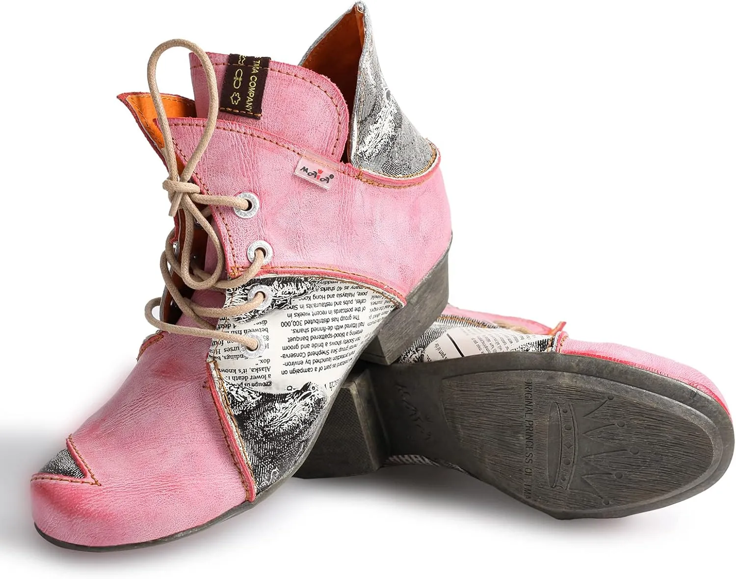 TMA EYES Lace Up Newspaper Print Leather Women's Ankle Boots