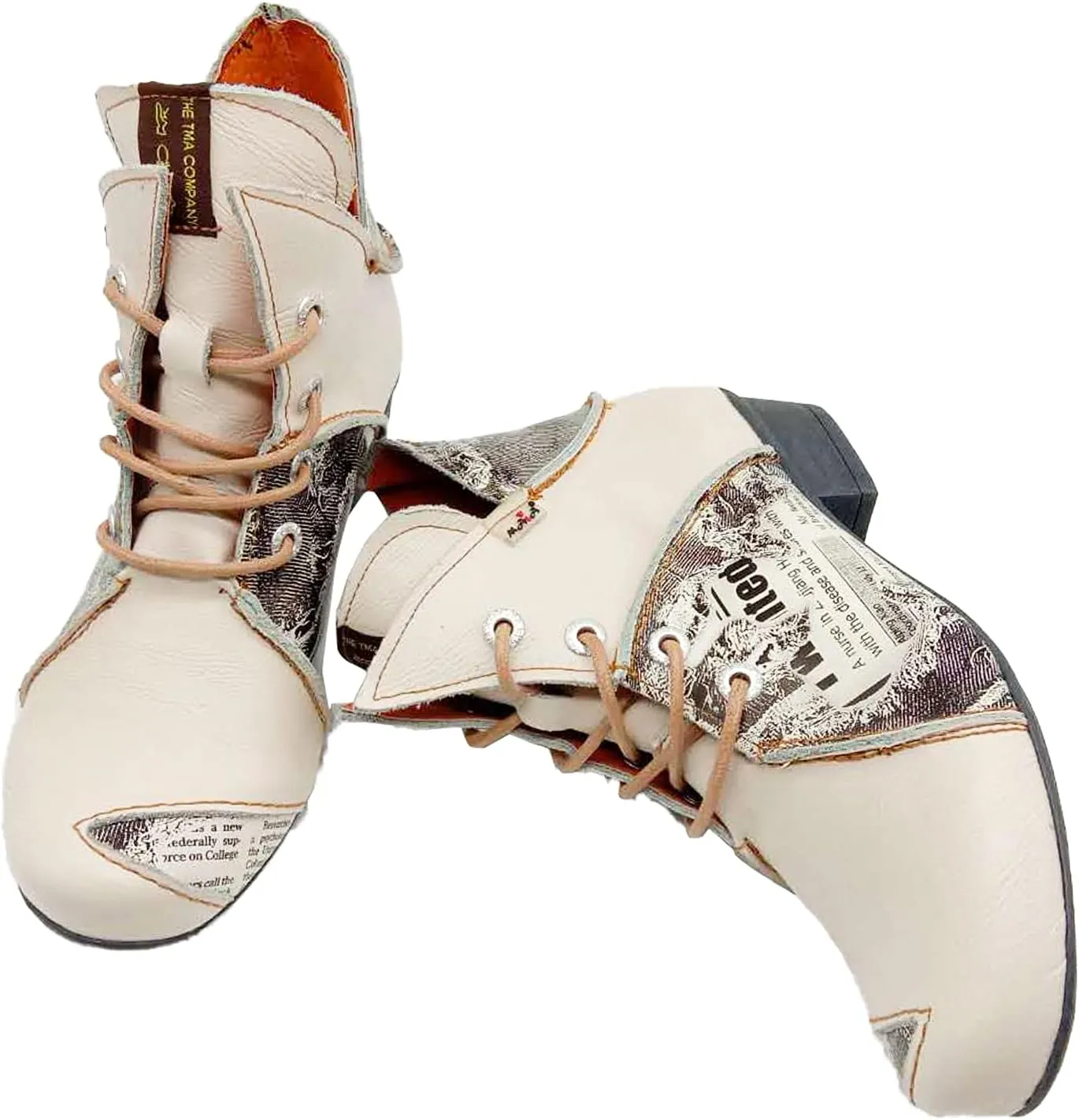 TMA EYES Lace Up Newspaper Print Leather Women's Ankle Boots