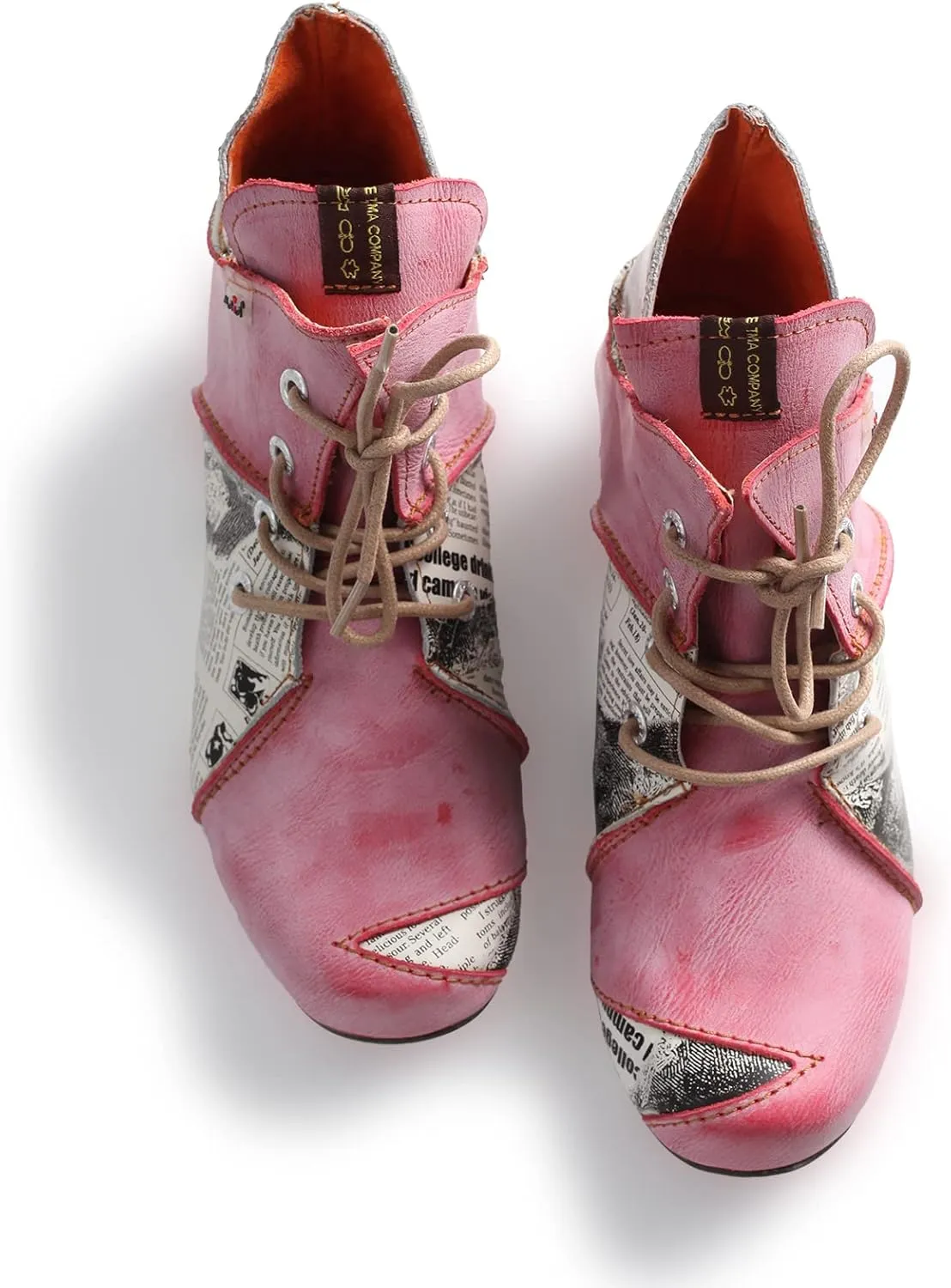 TMA EYES Lace Up Newspaper Print Leather Women's Ankle Boots