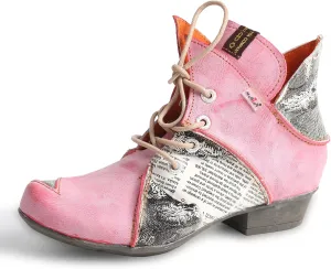 TMA EYES Lace Up Newspaper Print Leather Women's Ankle Boots
