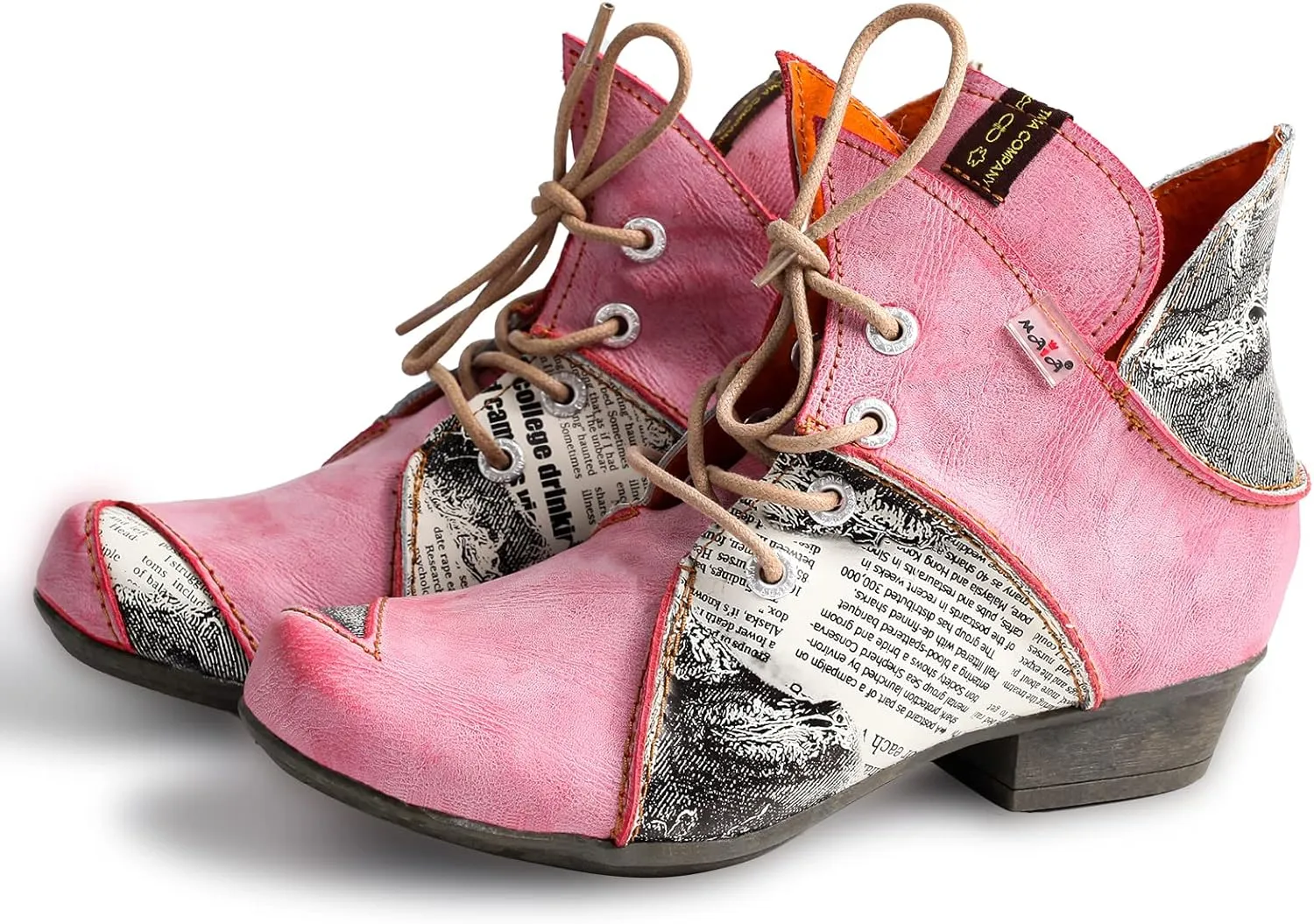 TMA EYES Lace Up Newspaper Print Leather Women's Ankle Boots