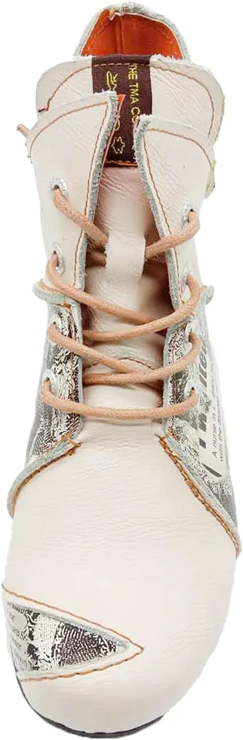 TMA EYES Lace Up Newspaper Print Leather Women's Ankle Boots