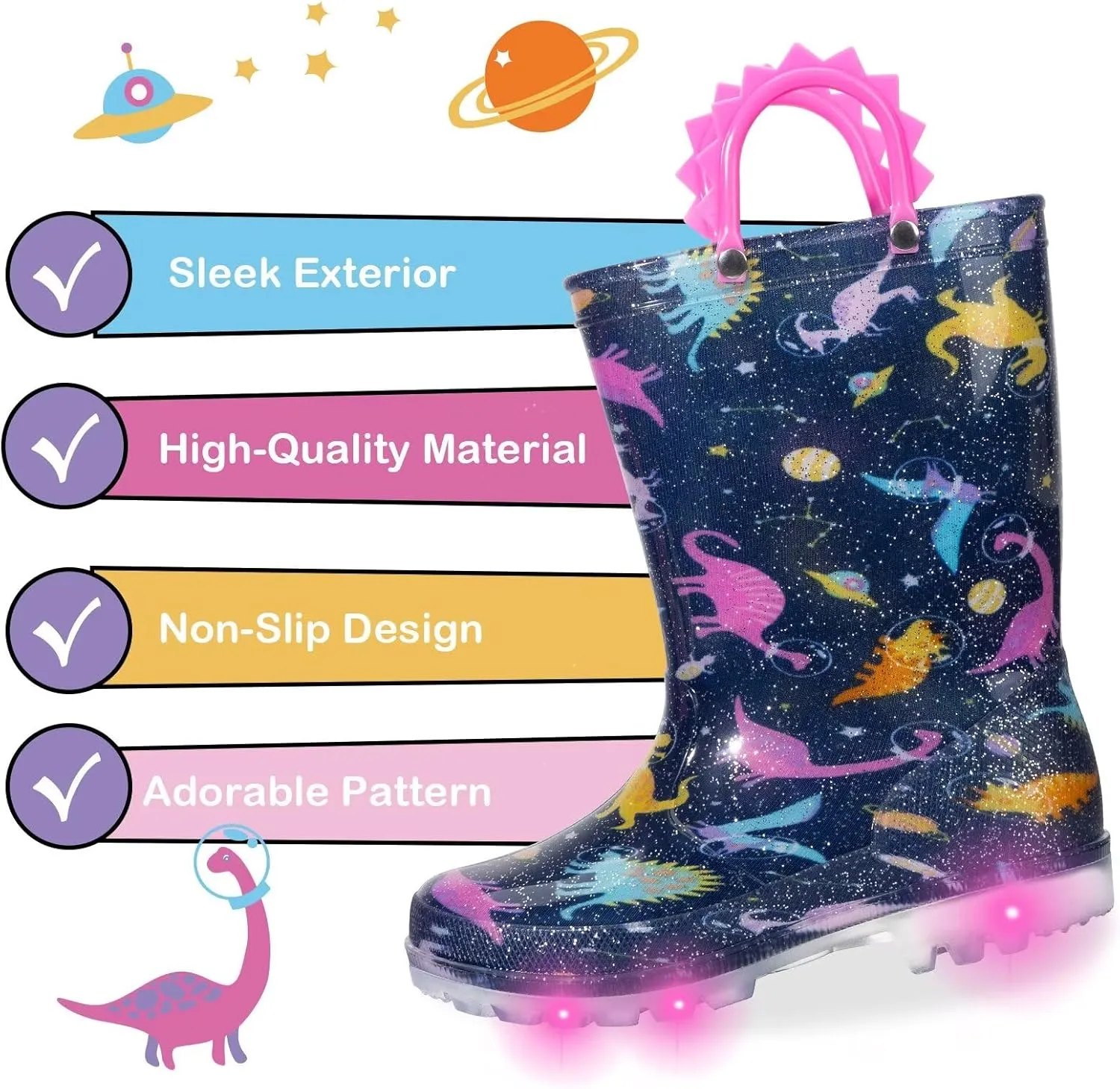 Toddler Kids Rain Boots Boys Girls Light Up Waterproof Boot with Handles