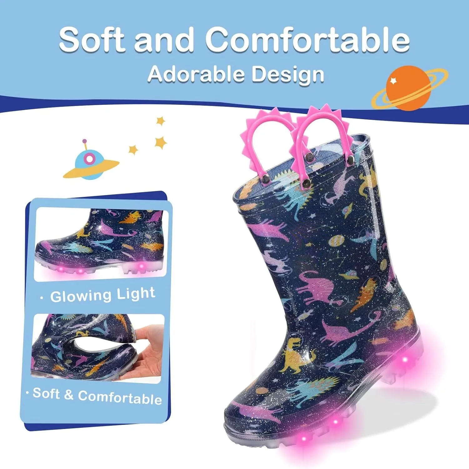 Toddler Kids Rain Boots Boys Girls Light Up Waterproof Boot with Handles