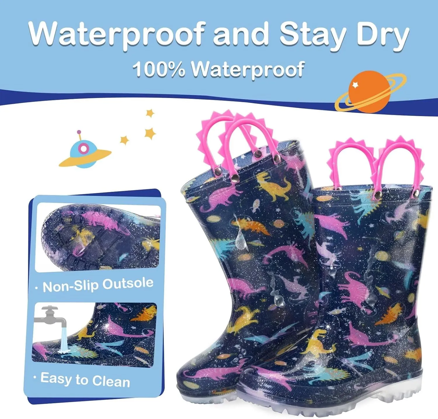 Toddler Kids Rain Boots Boys Girls Light Up Waterproof Boot with Handles
