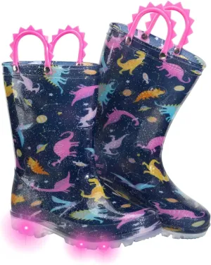Toddler Kids Rain Boots Boys Girls Light Up Waterproof Boot with Handles