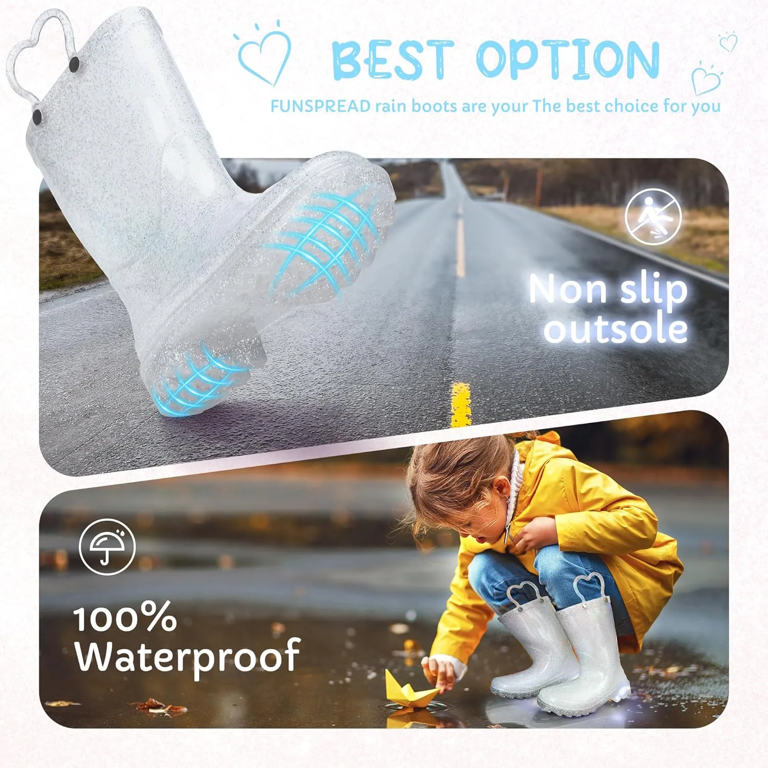 Toddler Rain Boots Girls Rain Boots - Glitter Light Up Kids Rain Boots with Easy-On Handles Lightwight Waterproof Rain Shoes(Toddler/Little/Big kids)