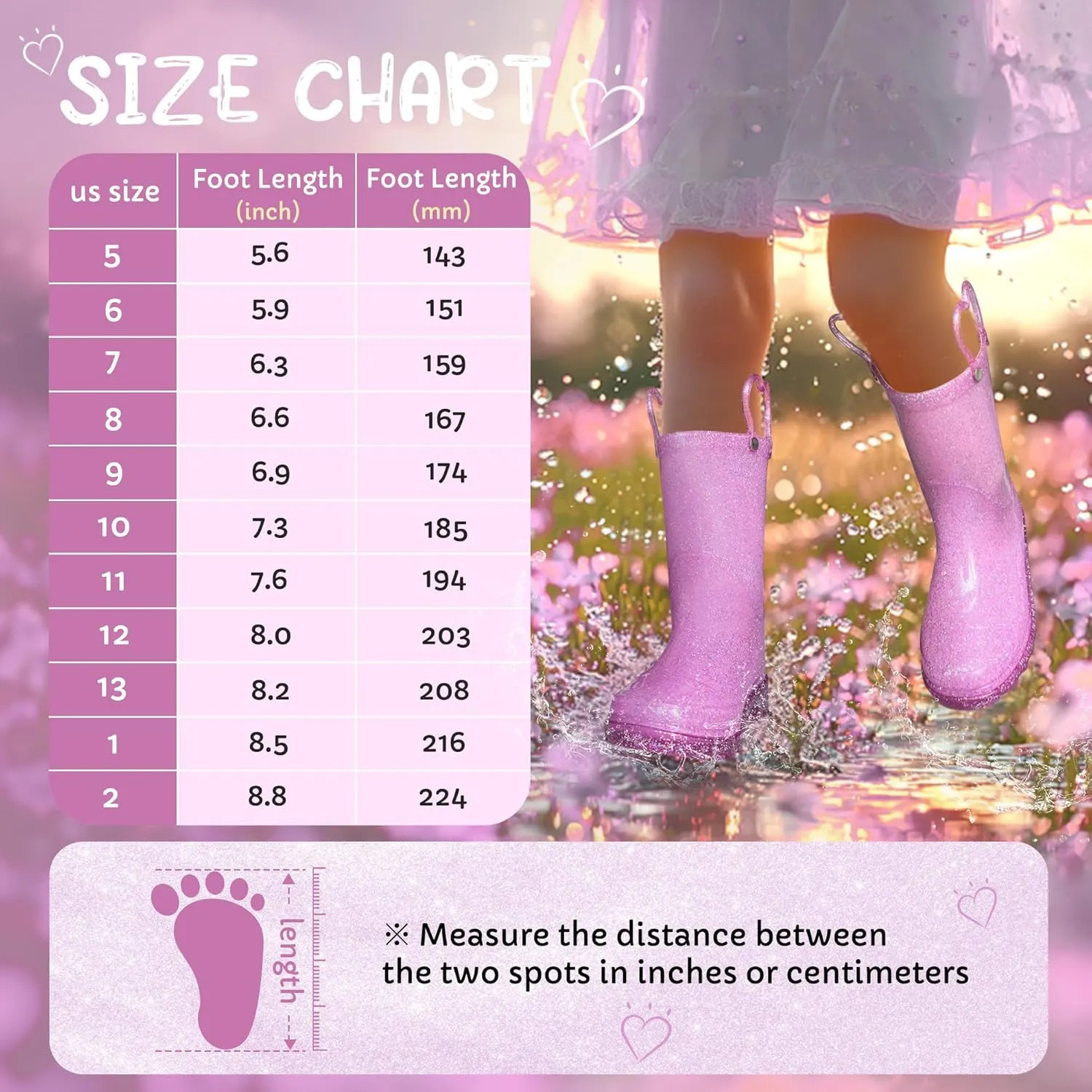 Toddler Rain Boots Girls Rain Boots - Glitter Light Up Kids Rain Boots with Easy-On Handles Lightwight Waterproof Rain Shoes(Toddler/Little/Big kids)