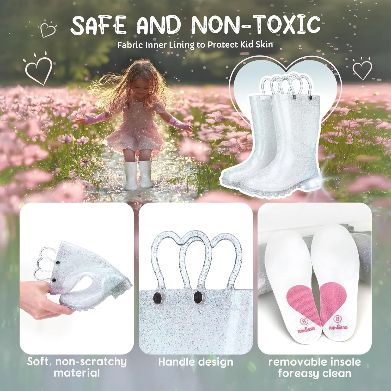 Toddler Rain Boots Girls Rain Boots - Glitter Light Up Kids Rain Boots with Easy-On Handles Lightwight Waterproof Rain Shoes(Toddler/Little/Big kids)